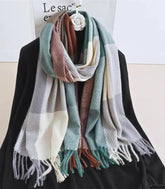 Echarpe feminina xadrez de inverno Anellimn em tons de rosa, cinza e marrom